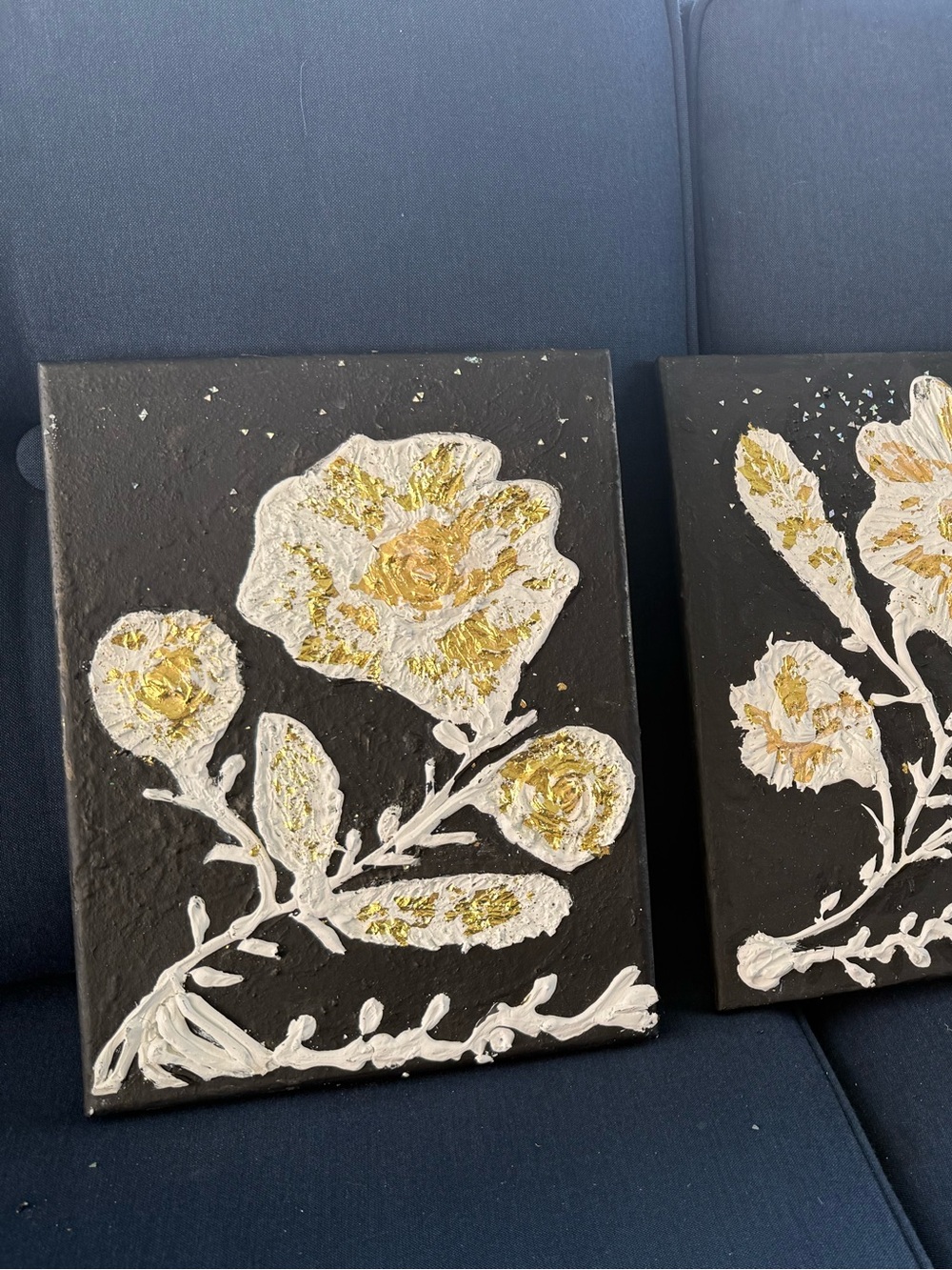 Handmade Black Canvas Floral Wall Art with Gold and White Accents